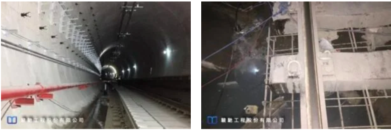 滲水治理 : 大陸華南地區某暗挖地鐵隧道於道版及軌道鋪設完成後即發生嚴重滲水現象