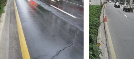 路面沉陷情形依然發生，破壞規模甚至延伸到馬路中央綠化帶及周邊緣石