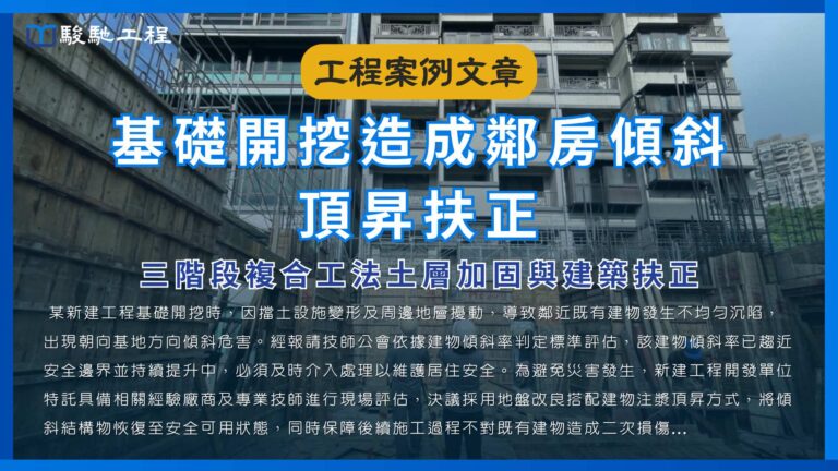 基礎開挖造成鄰房傾斜頂昇扶正-三階段複合工法土層加固與建築扶正